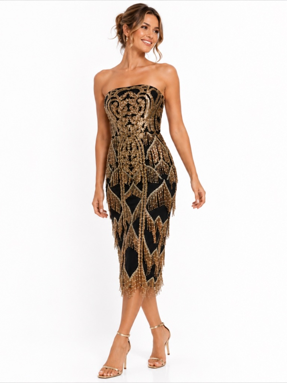 Dress the Population - Viviana Gold & Black Sequin Midi Dress